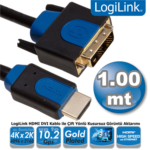 Çift Yönlü HDMI - DVI Kablo, Erkek - Erkek, 1.0m