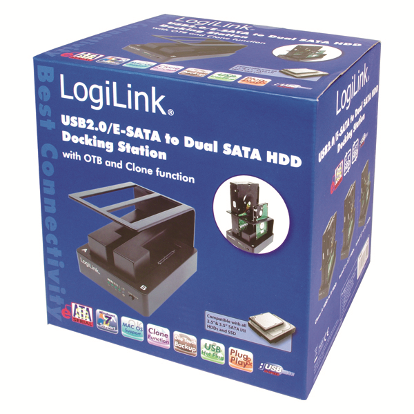 USB2.0 E-SATA to Dual SATA HDD Docking Station, Siyah