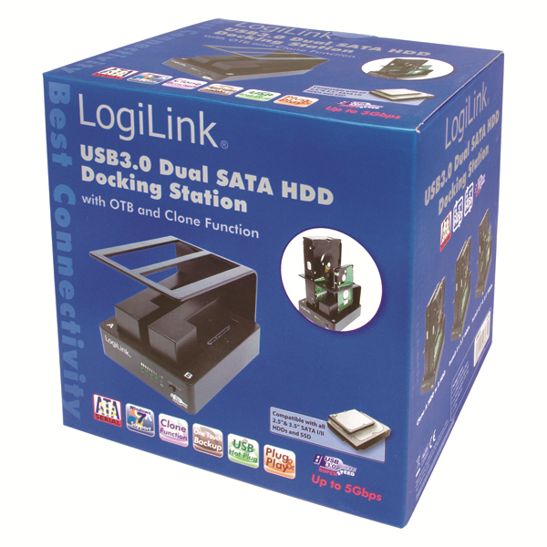 USB3.0 Dual SATA HDD Docking Station, Siyah