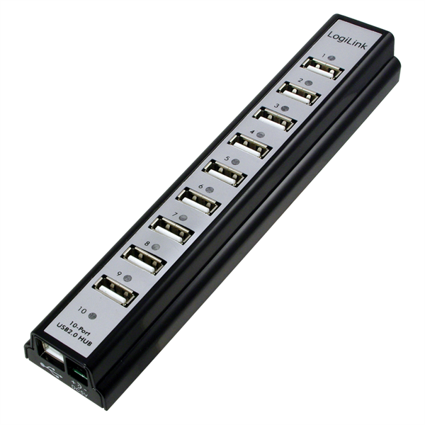 10 Port USB 2.0 Hub, Gümüş - Siyah