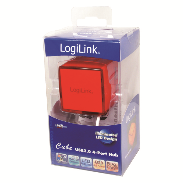 Cube Serisi 4 Port USB 2.0 Hub, Kırmızı