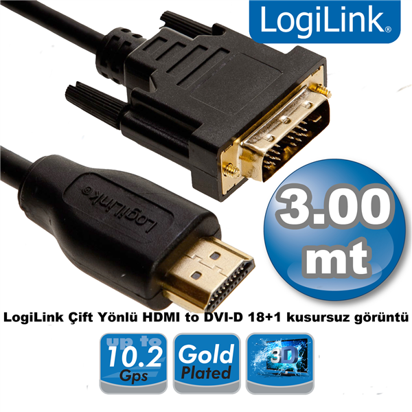 Çift Yönlü HDMI - DVI Kablo, Erkek - Erkek, 3.0m