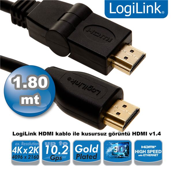 HDMI High Speed Kablo v1.4, 180° Ayarlı, 1.8m