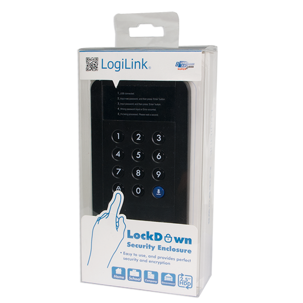 LockDown USB3.0 2.5" SATA Şifreli HDD Kutusu, Siyah