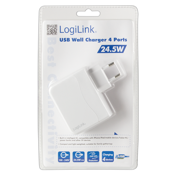 4 Port USB Şarj Adaptörü, Beyaz, 4.9A, 24.5W