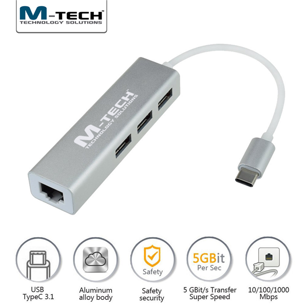 USB Type-C 3 Port USB3.0 Hub ve Gigabit Ethernet Adaptörü